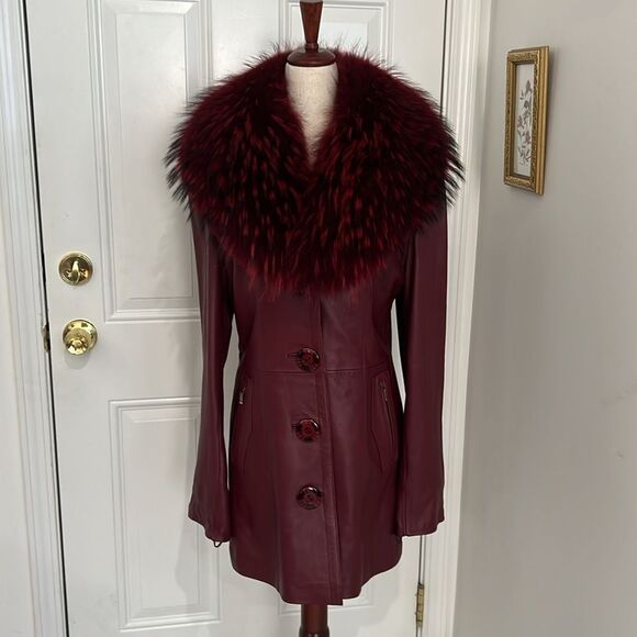Women Real Fur Collar Leather Jacket Coat Burgundy Overcoat